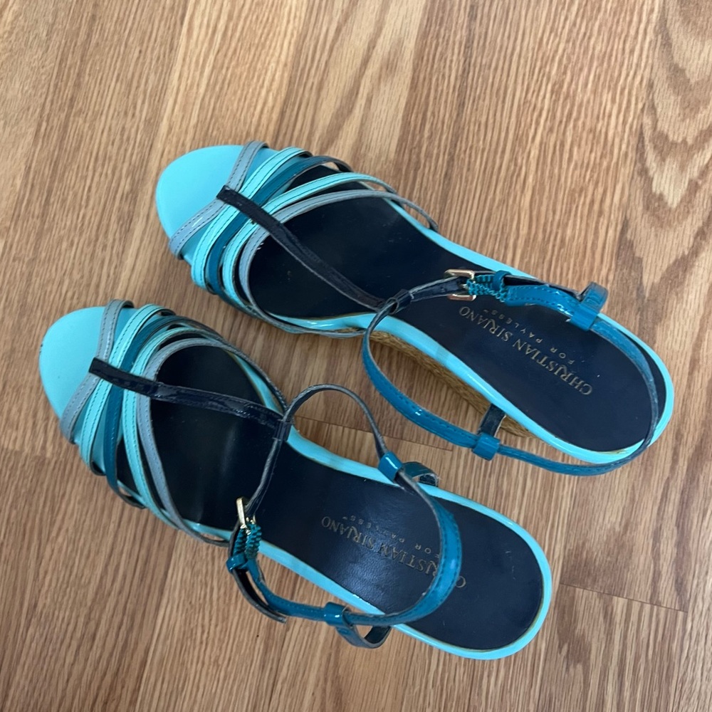 Christian Siriano for Payless wedge‎ Strappy sandals sz 9.5 turquoise t strap - Picture 3 of 14